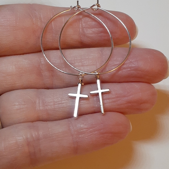 Cross hoop Earrings handmade 1 inch silver plated dangle drop hoops nickel free - Picture 2 of 5